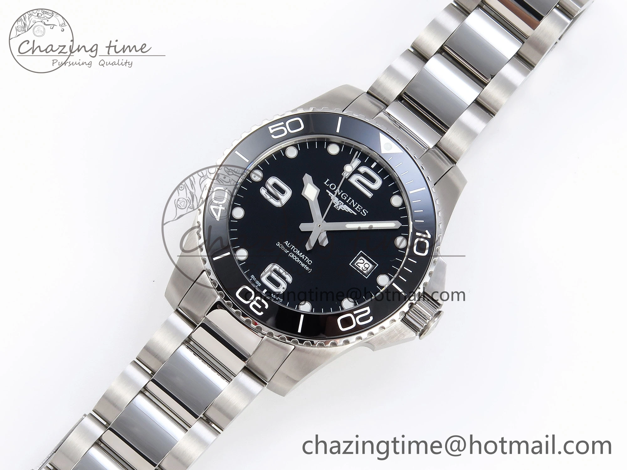 HYDROCONQUEST 43MM SS BLACK CERAMIC BEZEL XF 1:1 BEST EDITION BLACK DIAL ON SS BRACELET L888
