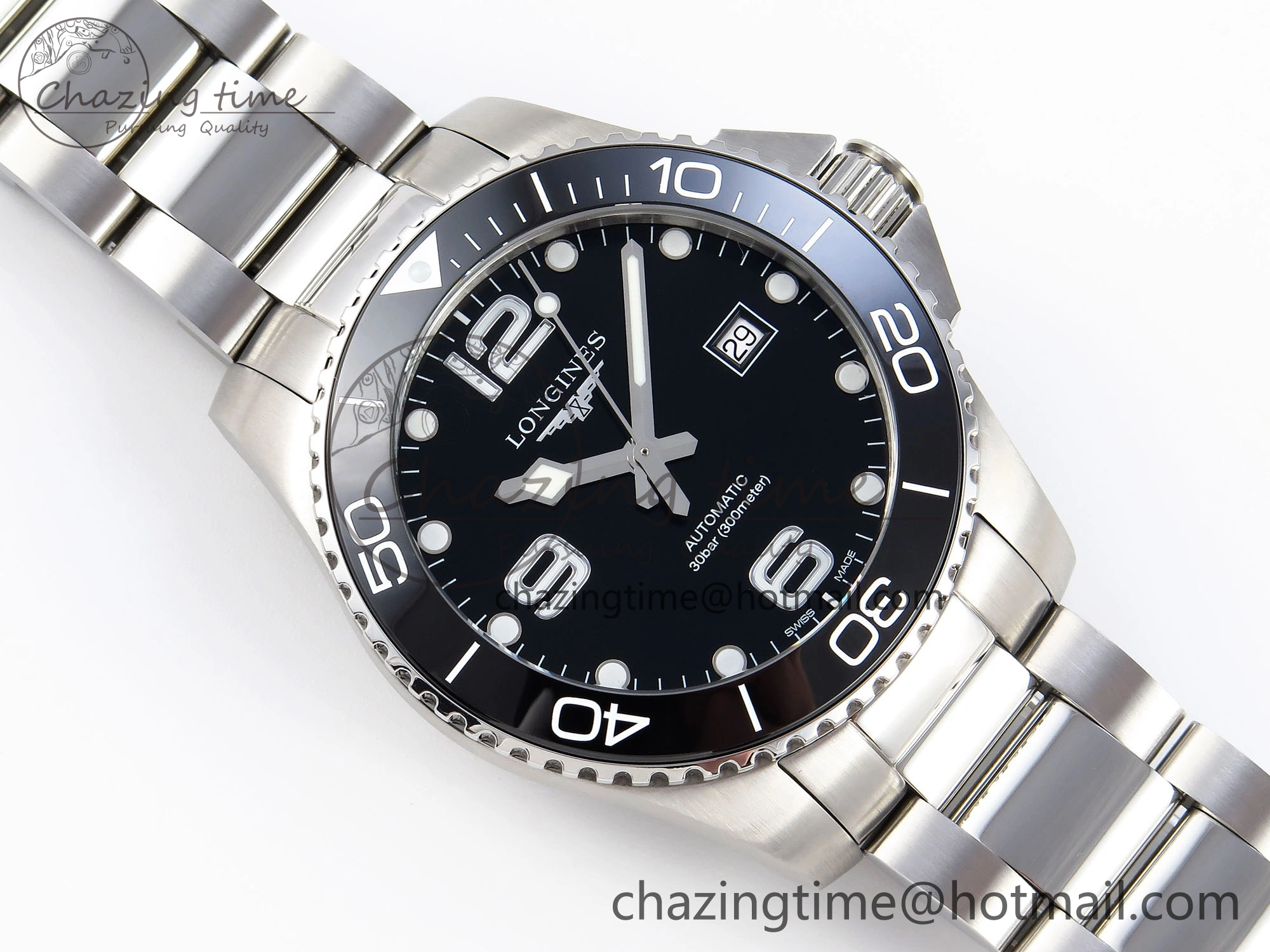 HYDROCONQUEST 43MM SS BLACK CERAMIC BEZEL XF 1:1 BEST EDITION BLACK DIAL ON SS BRACELET L888