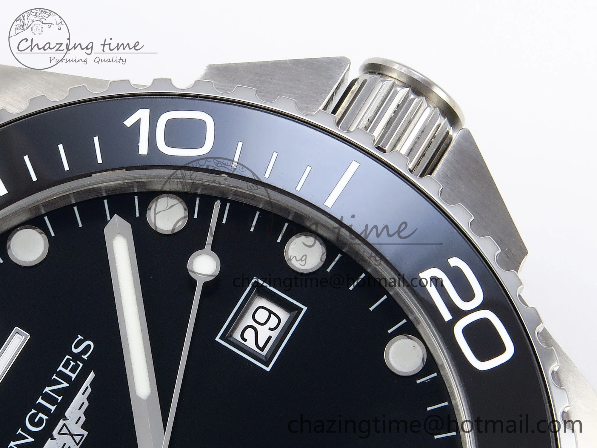 HYDROCONQUEST 43MM SS BLACK CERAMIC BEZEL XF 1:1 BEST EDITION BLACK DIAL ON SS BRACELET L888