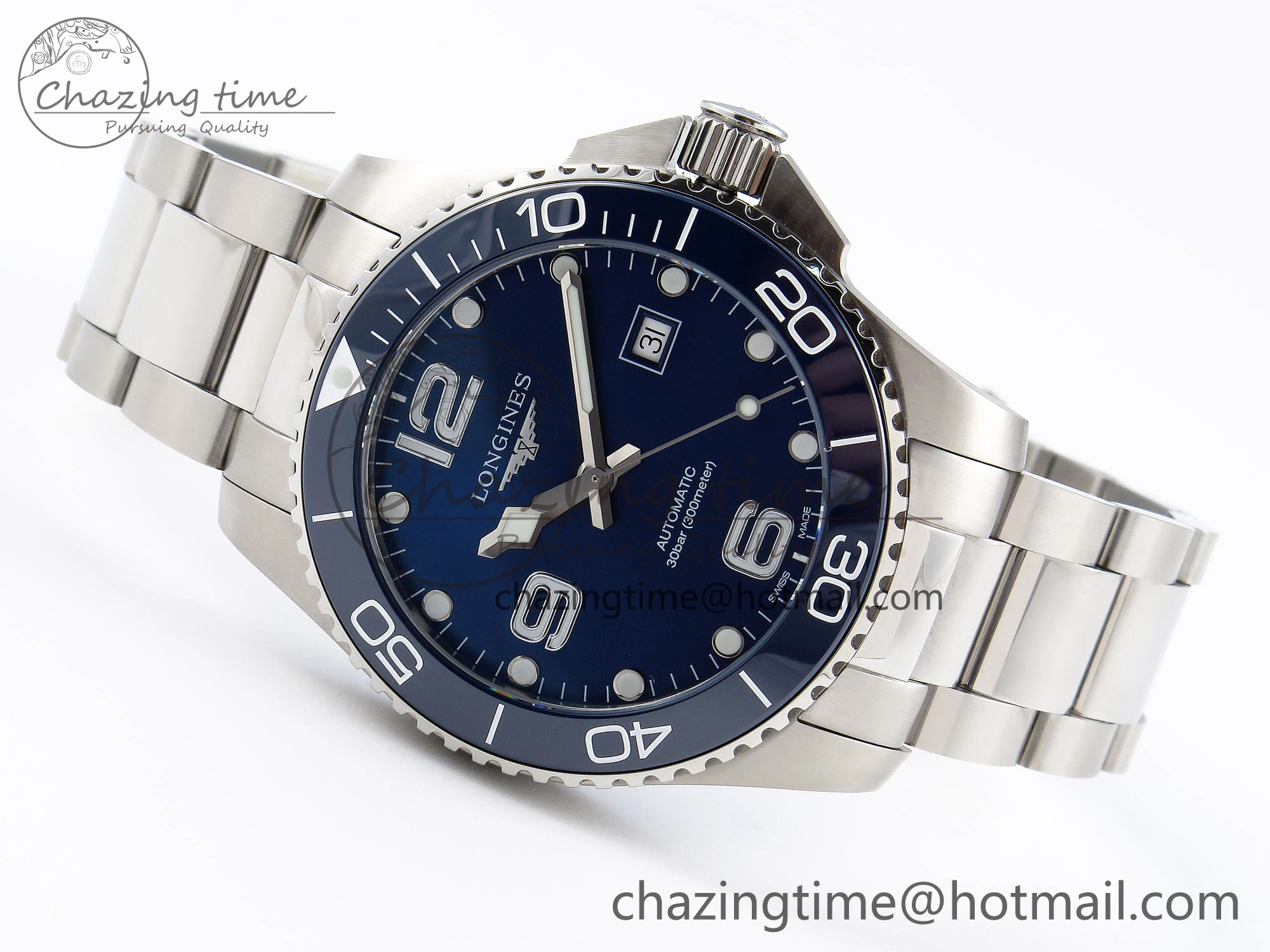 HYDROCONQUEST 43MM SS BLUE CERAMIC BEZEL XF 1:1 BEST EDITION BLUE DIAL ON SS BRACELET L888