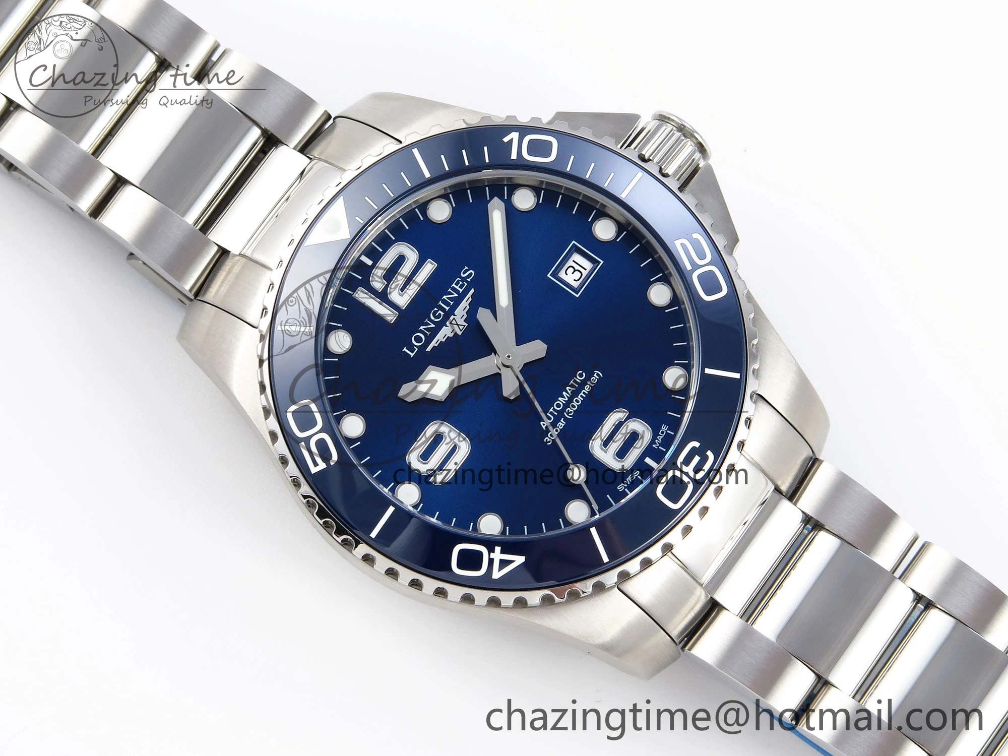 HYDROCONQUEST 43MM SS BLUE CERAMIC BEZEL XF 1:1 BEST EDITION BLUE DIAL ON SS BRACELET L888