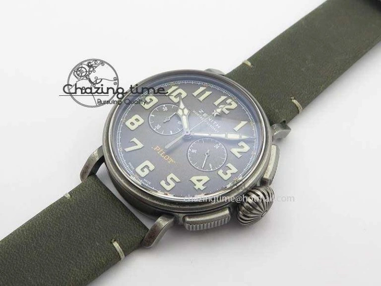 Heritage Pilot Ton-Up Aged SS Case Gray Dial On Green Leather Strap Jap Quartz