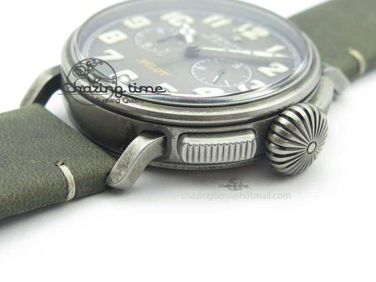 Heritage Pilot Ton-Up Aged SS Case Gray Dial On Green Leather Strap Jap Quartz