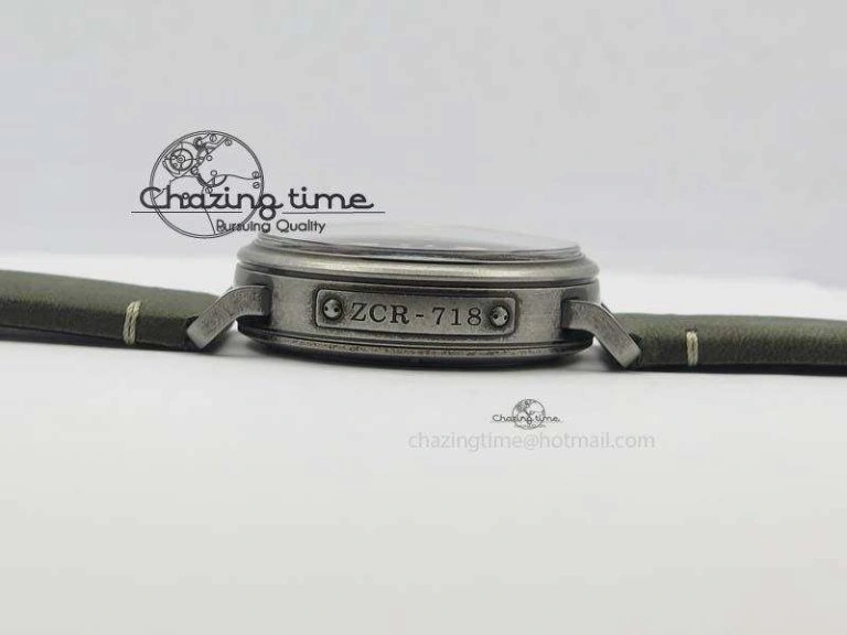 Heritage Pilot Ton-Up Aged SS Case Gray Dial On Green Leather Strap Jap Quartz