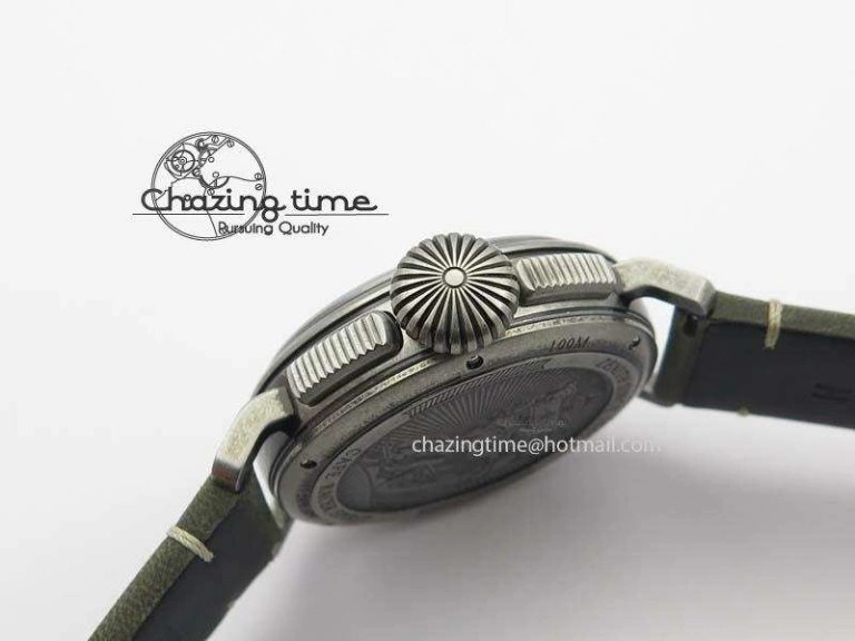 Heritage Pilot Ton-Up Aged SS Case Gray Dial On Green Leather Strap Jap Quartz