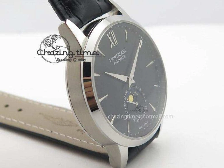 Heritage Spirit Moonphase SS Black Dial On Black Leather Strap MIYOTA 9015