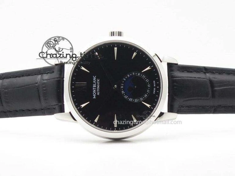 Heritage Spirit Moonphase SS Black Dial On Black Leather Strap MIYOTA 9015