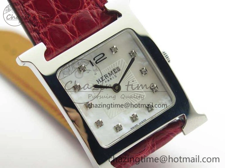Heure H Ladies SS MKF 1:1 Best Edition White MOP Dial On Red Croc Leather Strap Swiss Quartz