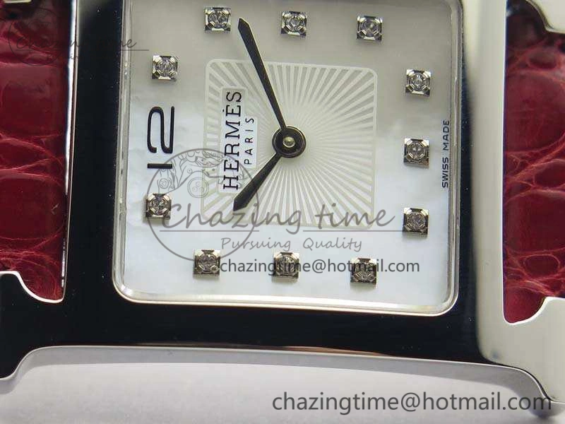 Heure H Ladies SS MKF 1:1 Best Edition White MOP Dial On Red Croc Leather Strap Swiss Quartz