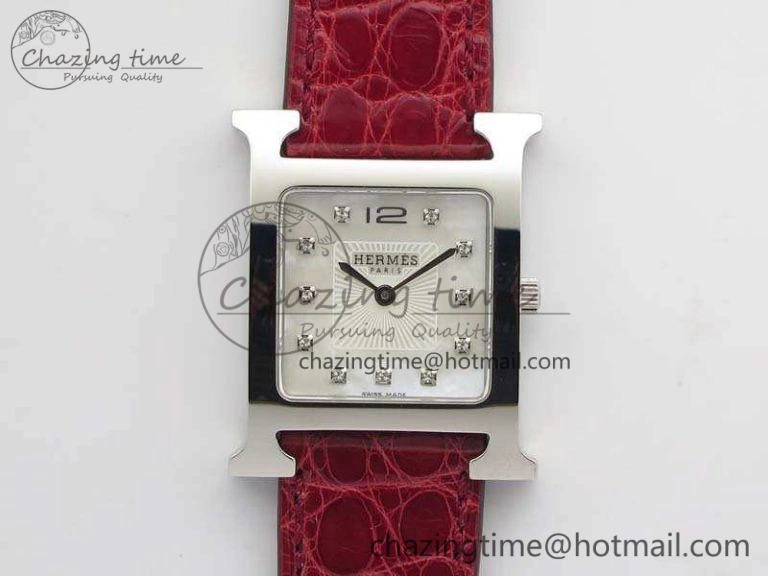 Heure H Ladies SS MKF 1:1 Best Edition White MOP Dial On Red Croc Leather Strap Swiss Quartz