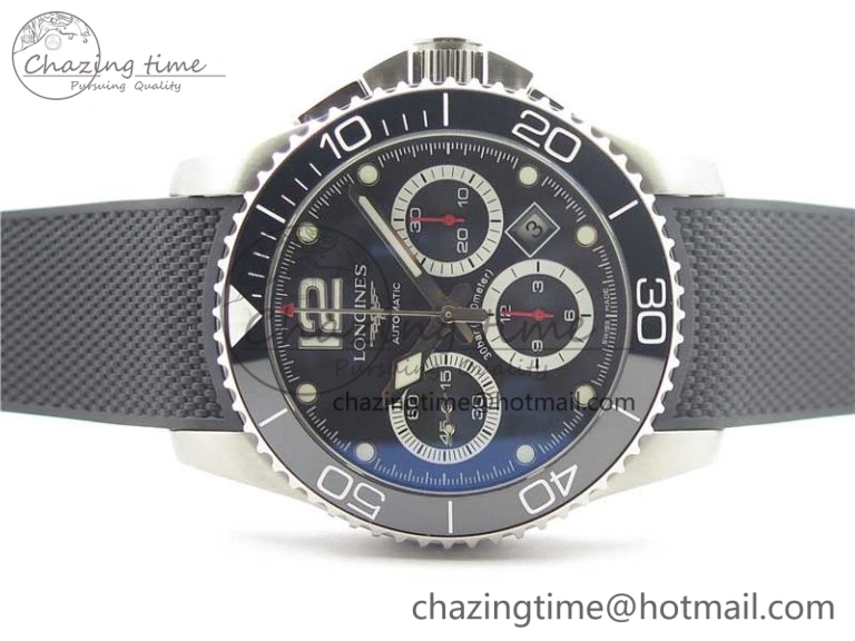 HydroConquest Chrono SS Black Ceramic Bezel OXF Best Edition Black Dial on Black Rubber Strap A7750