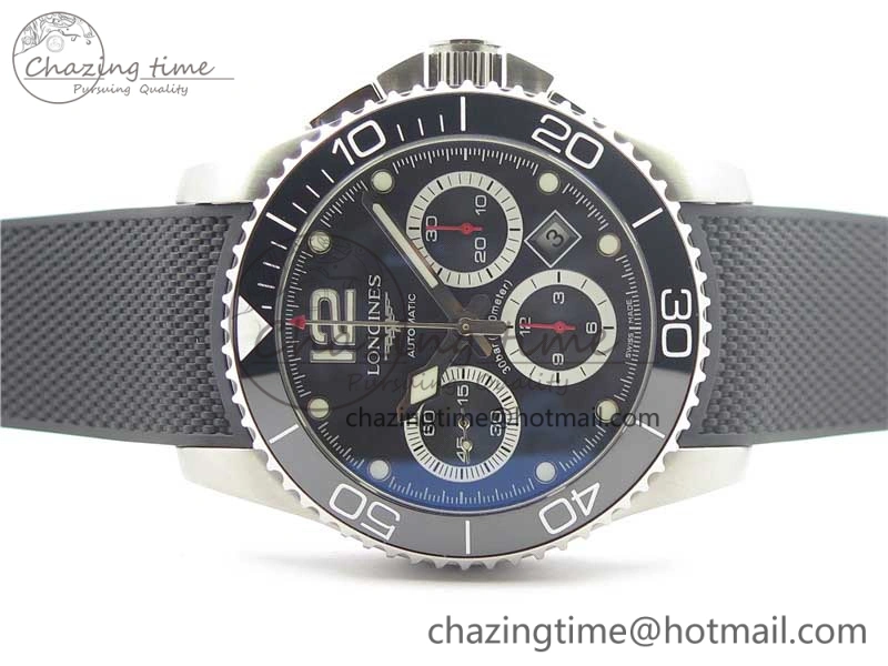 HydroConquest Chrono SS Black Ceramic Bezel OXF Best Edition Black Dial on Black Rubber Strap A7750