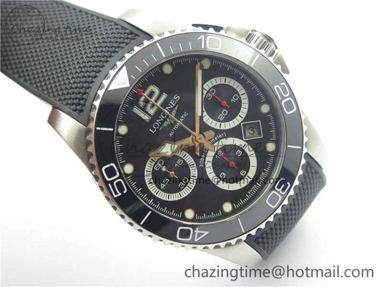 HydroConquest Chrono SS Black Ceramic Bezel OXF Best Edition Black Dial on Black Rubber Strap A7750