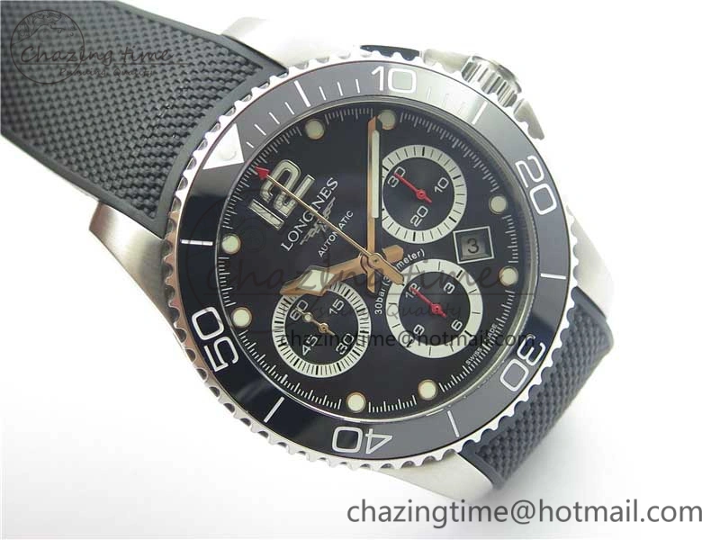 HydroConquest Chrono SS Black Ceramic Bezel OXF Best Edition Black Dial on Black Rubber Strap A7750