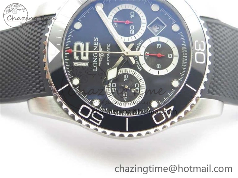 HydroConquest Chrono SS Black Ceramic Bezel OXF Best Edition Black Dial on Black Rubber Strap A7750