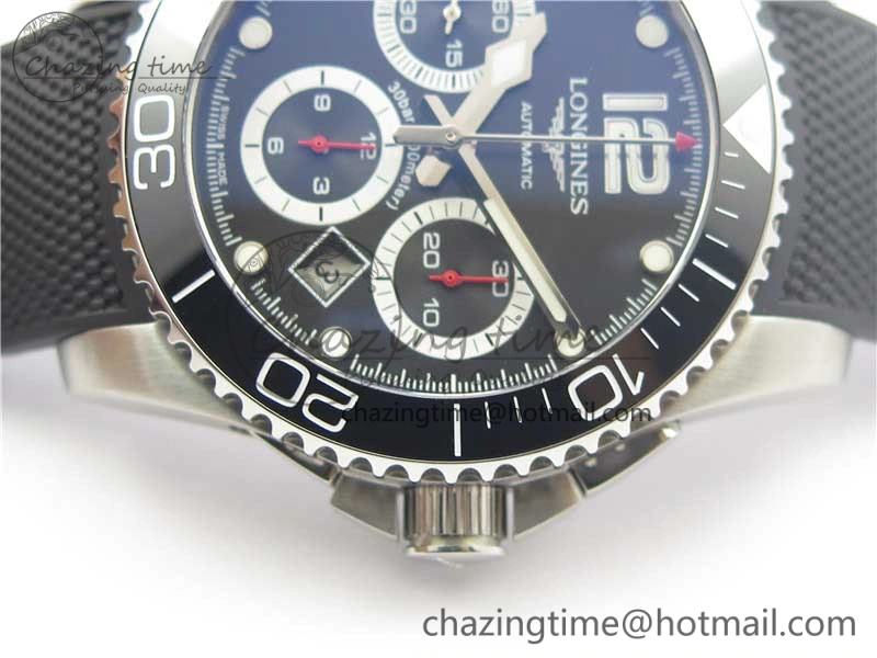 HydroConquest Chrono SS Black Ceramic Bezel OXF Best Edition Black Dial on Black Rubber Strap A7750