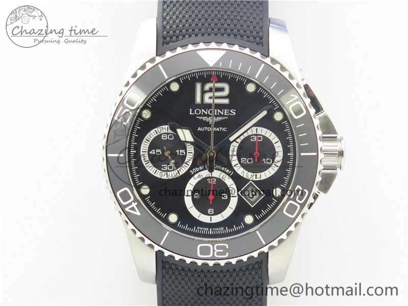 HydroConquest Chrono SS Black Ceramic Bezel OXF Best Edition Black Dial on Black Rubber Strap A7750