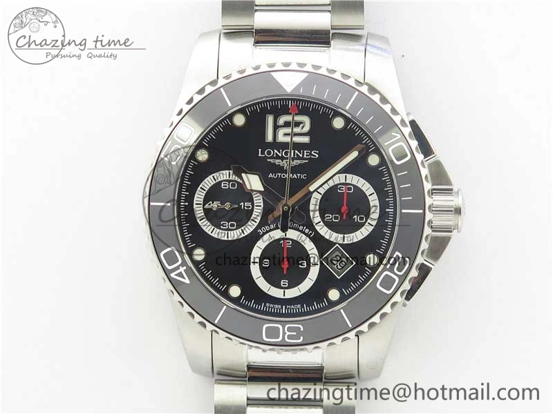 HydroConquest Chrono SS Black Ceramic Bezel OXF Best Edition Black Dial on SS Bracelet A7750