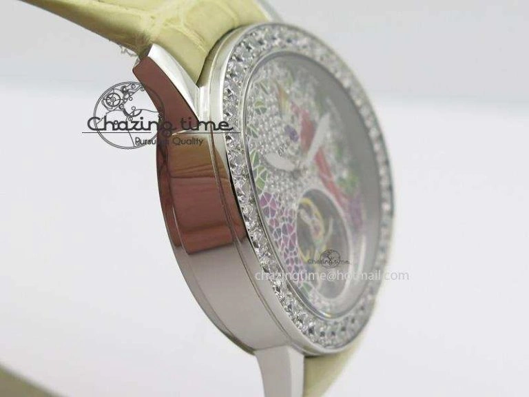 I Giardini Di Bulgari Tourbillon Full Paved Diamonds SS Diamonds Dial On Beige Leather Strap
