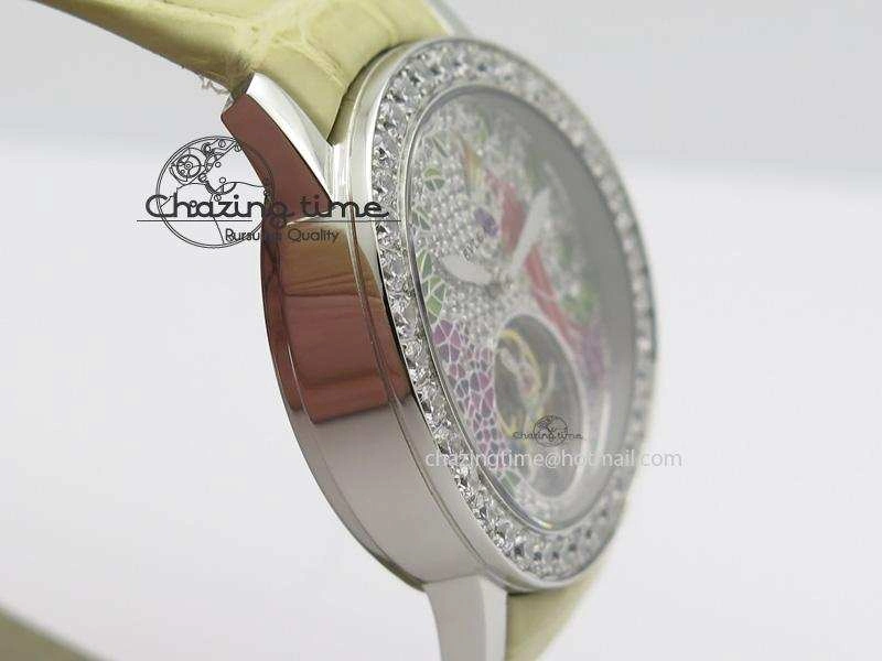 I Giardini Di Bulgari Tourbillon Full Paved Diamonds SS Diamonds Dial On Beige Leather Strap