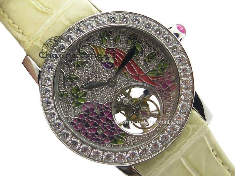 I Giardini Di Bulgari Tourbillon Full Paved Diamonds SS Diamonds Dial On Beige Leather Strap