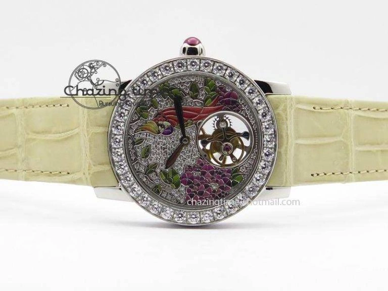 I Giardini Di Bulgari Tourbillon Full Paved Diamonds SS Diamonds Dial On Beige Leather Strap
