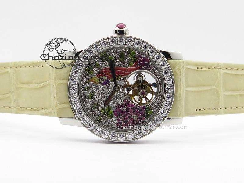 I Giardini Di Bulgari Tourbillon Full Paved Diamonds SS Diamonds Dial On Beige Leather Strap