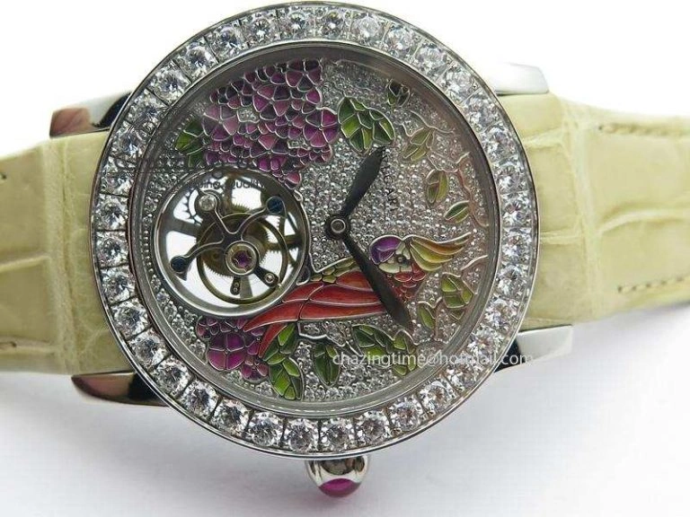 I Giardini Di Bulgari Tourbillon Full Paved Diamonds SS Diamonds Dial On Beige Leather Strap