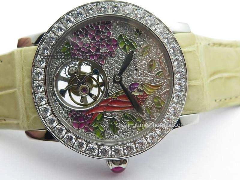 I Giardini Di Bulgari Tourbillon Full Paved Diamonds SS Diamonds Dial On Beige Leather Strap
