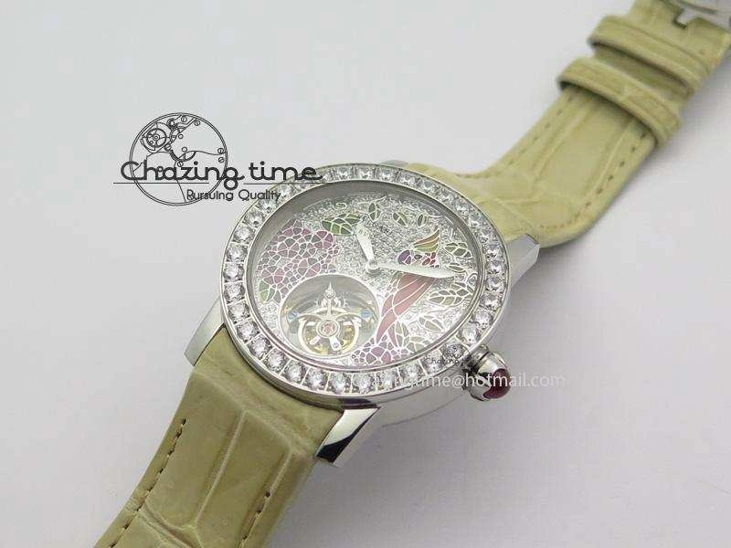 I Giardini Di Bulgari Tourbillon Full Paved Diamonds SS Diamonds Dial On Beige Leather Strap