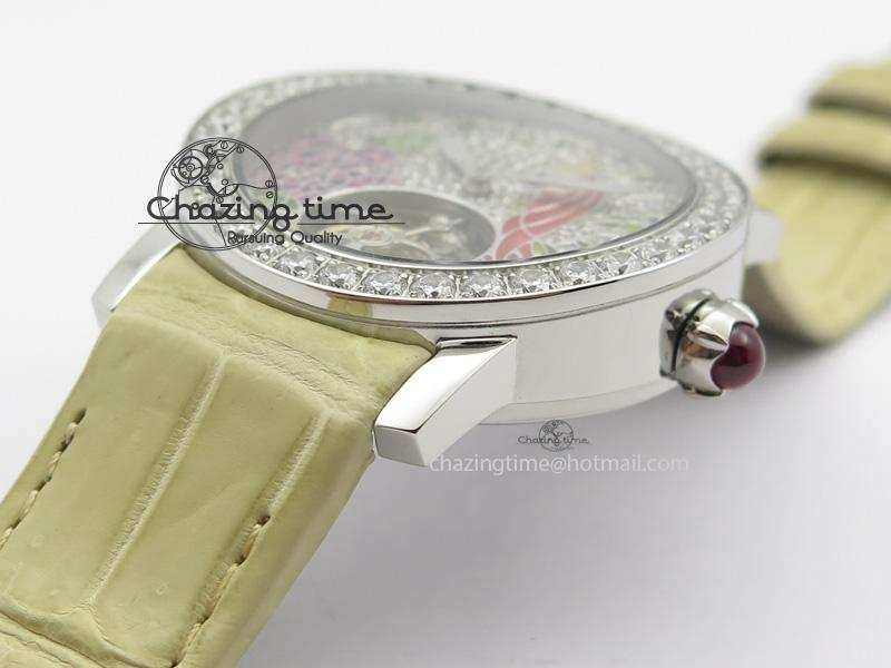 I Giardini Di Bulgari Tourbillon Full Paved Diamonds SS Diamonds Dial On Beige Leather Strap