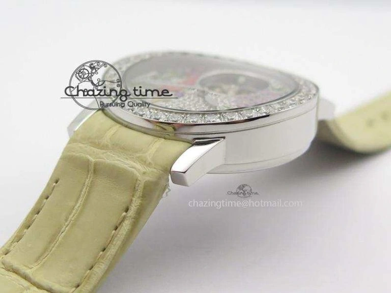 I Giardini Di Bulgari Tourbillon Full Paved Diamonds SS Diamonds Dial On Beige Leather Strap