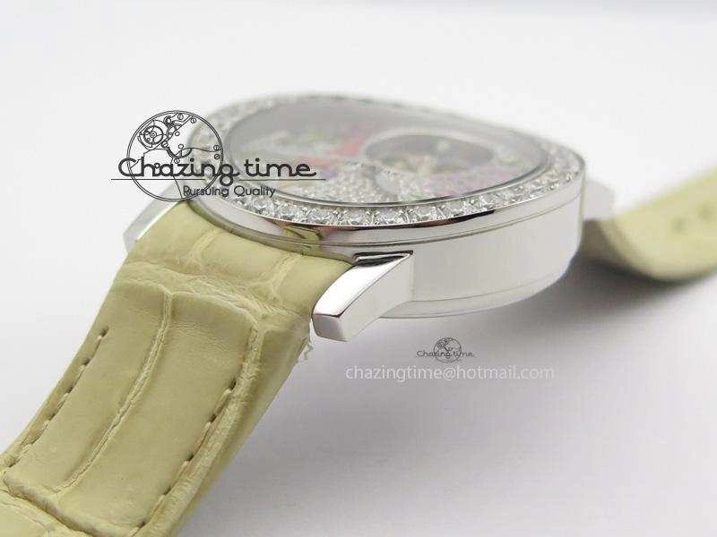 I Giardini Di Bulgari Tourbillon Full Paved Diamonds SS Diamonds Dial On Beige Leather Strap