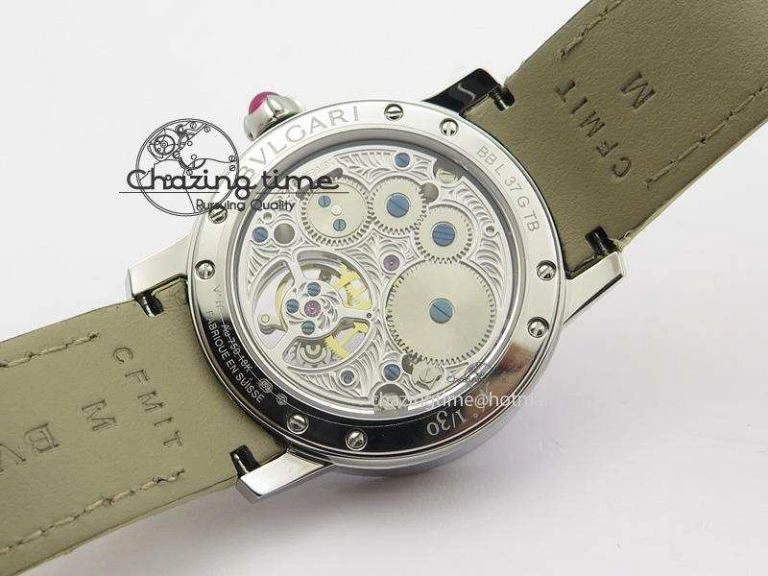 I Giardini Di Bulgari Tourbillon Full Paved Diamonds SS Diamonds Dial On Beige Leather Strap
