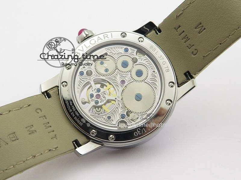 I Giardini Di Bulgari Tourbillon Full Paved Diamonds SS Diamonds Dial On Beige Leather Strap