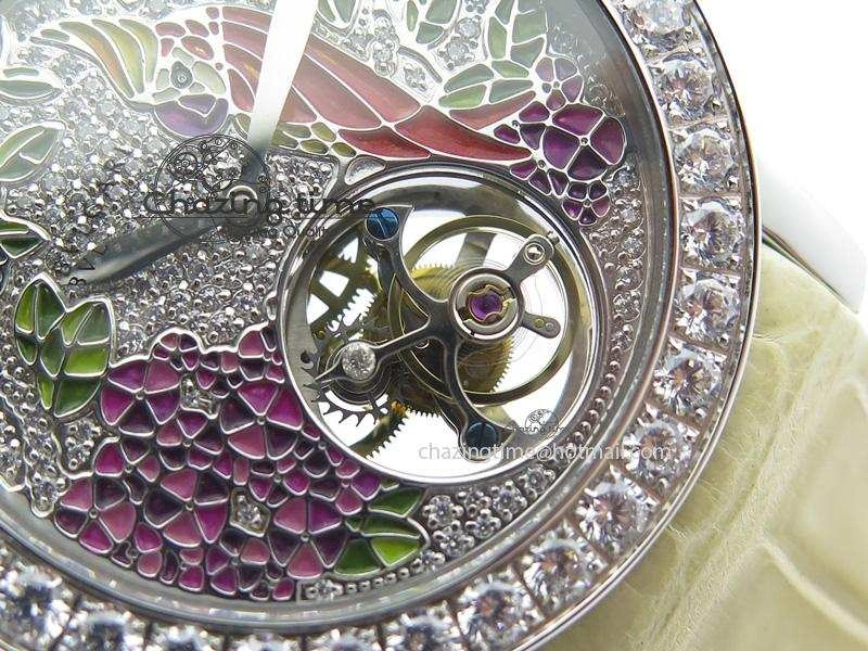 I Giardini Di Bulgari Tourbillon Full Paved Diamonds SS Diamonds Dial On Beige Leather Strap