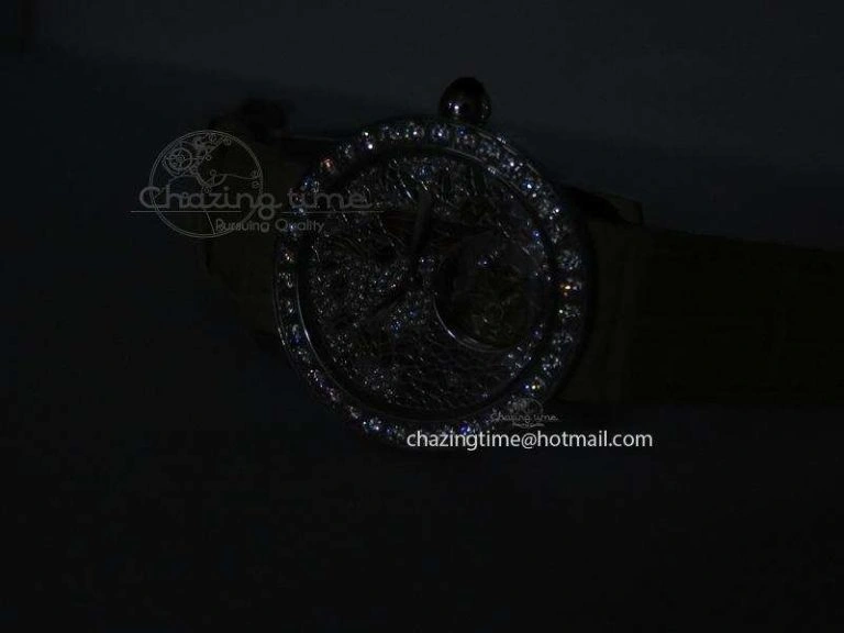 I Giardini Di Bulgari Tourbillon Full Paved Diamonds SS Diamonds Dial On Beige Leather Strap