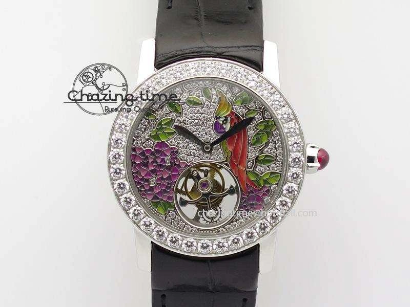 I Giardini Di Bulgari Tourbillon Full Paved Diamonds SS Diamonds Dial On Black Leather Strap