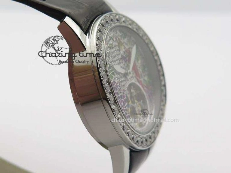 I Giardini Di Bulgari Tourbillon Full Paved Diamonds SS Diamonds Dial On Black Leather Strap