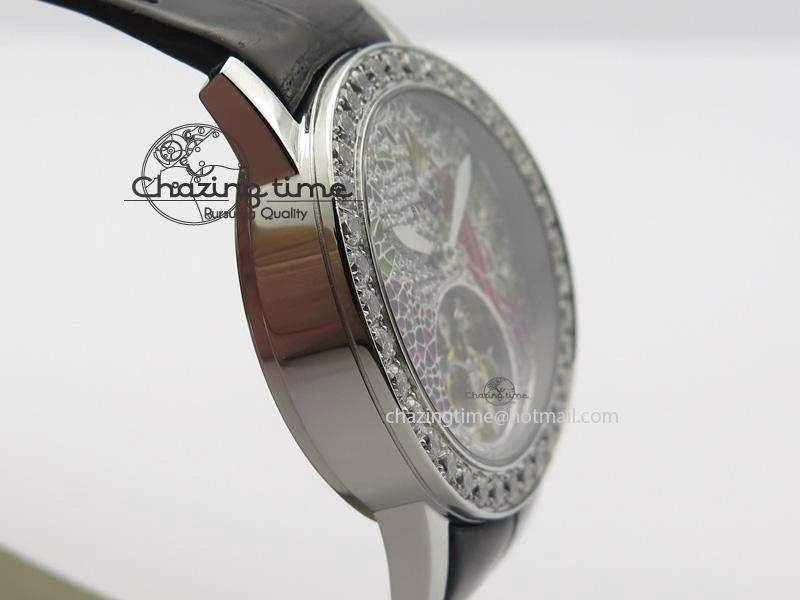 I Giardini Di Bulgari Tourbillon Full Paved Diamonds SS Diamonds Dial On Black Leather Strap