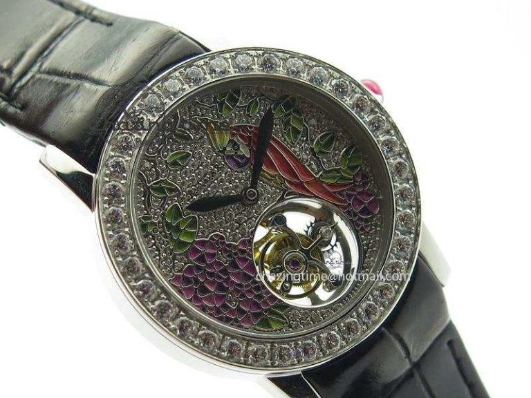 I Giardini Di Bulgari Tourbillon Full Paved Diamonds SS Diamonds Dial On Black Leather Strap