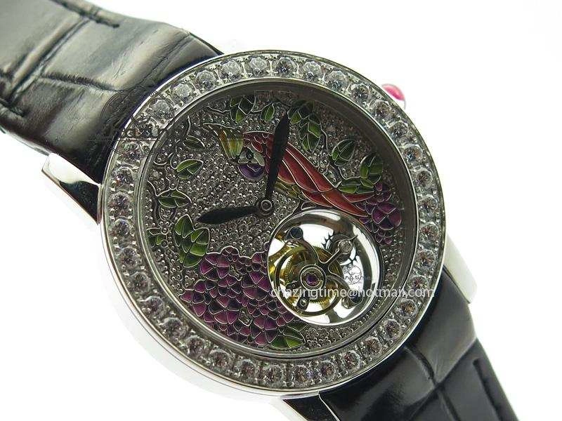 I Giardini Di Bulgari Tourbillon Full Paved Diamonds SS Diamonds Dial On Black Leather Strap