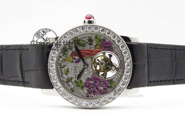I Giardini Di Bulgari Tourbillon Full Paved Diamonds SS Diamonds Dial On Black Leather Strap