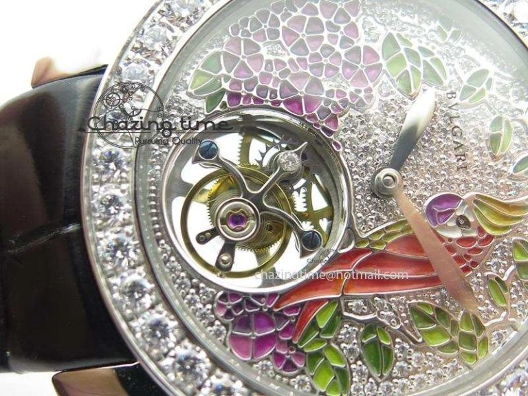 I Giardini Di Bulgari Tourbillon Full Paved Diamonds SS Diamonds Dial On Black Leather Strap