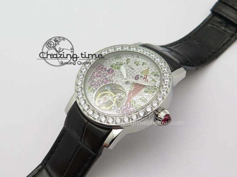 I Giardini Di Bulgari Tourbillon Full Paved Diamonds SS Diamonds Dial On Black Leather Strap