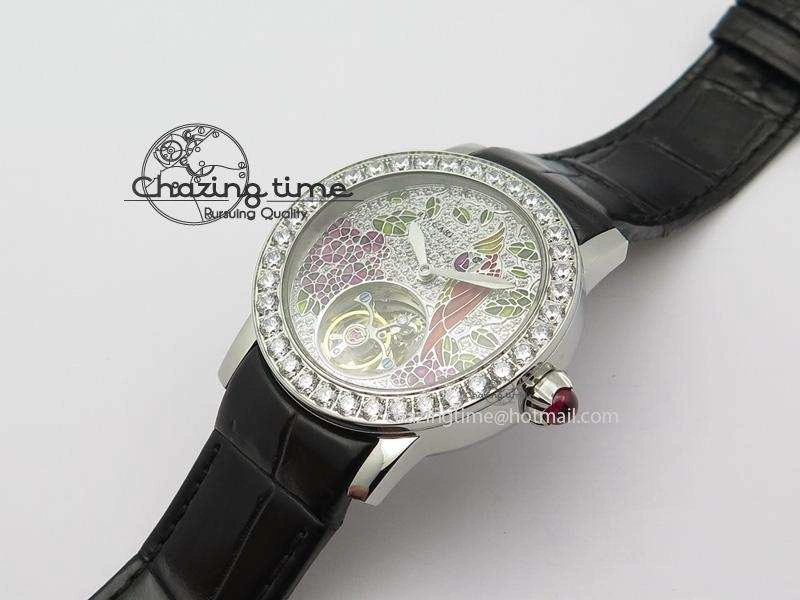I Giardini Di Bulgari Tourbillon Full Paved Diamonds SS Diamonds Dial On Black Leather Strap
