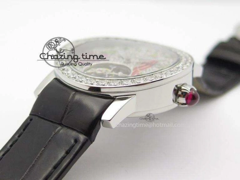 I Giardini Di Bulgari Tourbillon Full Paved Diamonds SS Diamonds Dial On Black Leather Strap