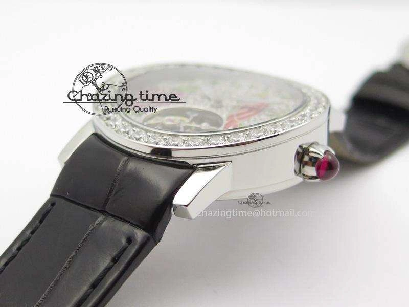 I Giardini Di Bulgari Tourbillon Full Paved Diamonds SS Diamonds Dial On Black Leather Strap