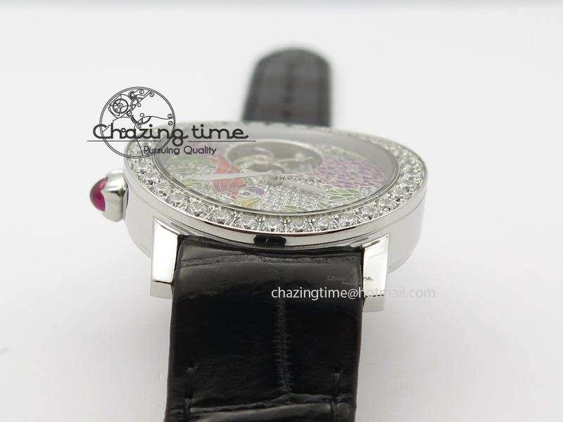 I Giardini Di Bulgari Tourbillon Full Paved Diamonds SS Diamonds Dial On Black Leather Strap