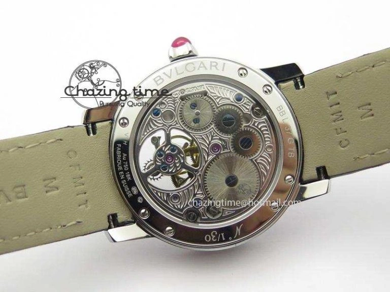 I Giardini Di Bulgari Tourbillon Full Paved Diamonds SS Diamonds Dial On Black Leather Strap